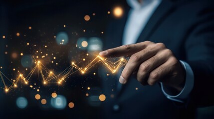 Touching the Rise of Success: A confident figure's hand traces the upward trajectory of a glowing line graph, illuminating the essence of growth and financial success.