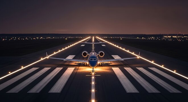 Private Jet Awaiting Takeoff on Illuminated Runway at Night