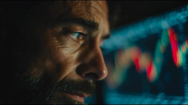 Financial trader anxiously watching a volatile Bitcoin (BTC) price chart on a multi-monitor setup in a dark office at night.