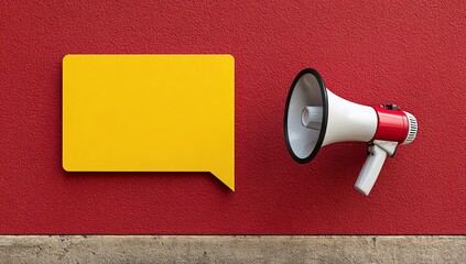Photo of a megaphone and an empty speech bubble on a wall, representing marketing materials for an online advertising campaign. Web banner with copy space on the right