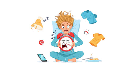 Detailed illustration related to waking up late overwhelmed stressed, including elements like White, Daily, Pajamas, Isolated.