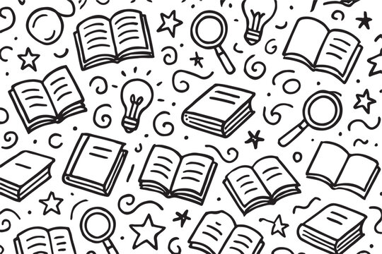 Black and white doodle pattern of books and learning symbols