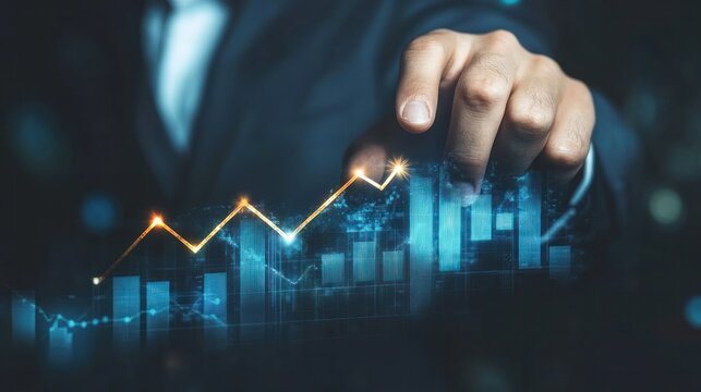 Elevated Insights: A professional's gesture guides the ascent of a dynamic graph, symbolizing business growth and financial acumen.