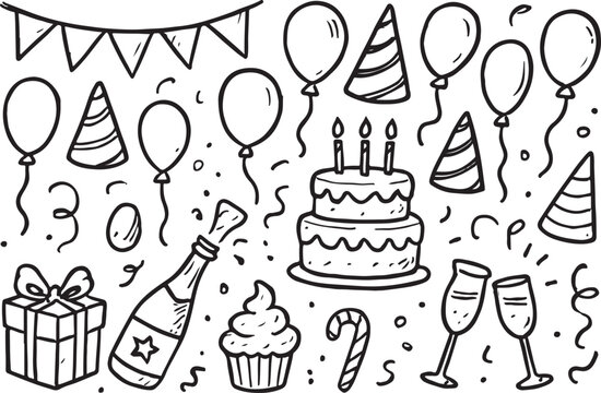 Black and white doodle of birthday party elements celebration