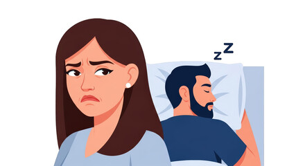 Detailed illustration related to woman annoyed by sleeping man, including elements like Isolated, Zzz, Snoring, Upset.