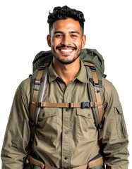 Fototapeta premium A happy hiker, smiling at the camera, with a backpack. The man has a cheerful expression on his face and looks well-equipped for the adventure