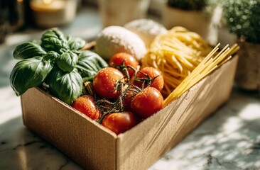 Fresh italian food delivery box with pasta, basil, tomatoes and mozzarella