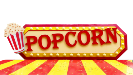 Colorful popcorn sign with lighting border on transparent background