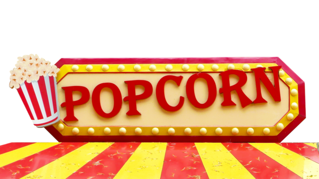 Colorful popcorn sign with lighting border on transparent background