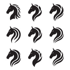 Fototapeta premium A collection of nine black horse head silhouettes arranged in a grid on a white background