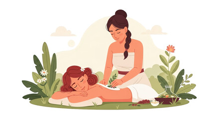 Illustration showing a scene of woman enjoying relaxing spa treatment, featuring Holistic, Graphic, Spa, Essential oils.