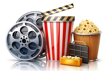 Movie reel, a popcorn bucket, and a movie tray