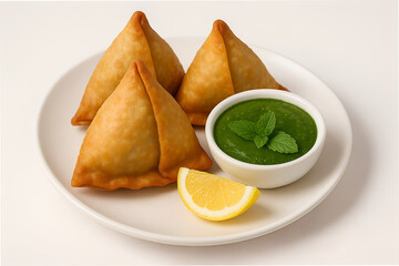 "Crispy Indian Samosa &ndash; Traditional Snack with Green Chutney and Lemon Slice"