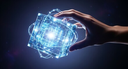 Hand holding a glowing cube with swirling light patterns in a dark blue gradient background
