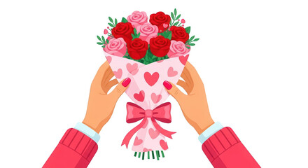Detailed illustration related to woman holding valentines day bouquet, including elements like Cartoon, Isolated, Nature, Sweet.