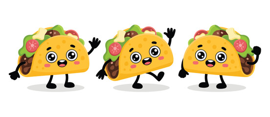Three happy cartoon tacos waving and dancing together