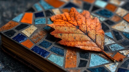 Naklejka premium Autumn Leaf on Mosaic Book CloseUp of Textures and Colors of Fall