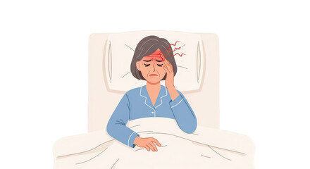 Illustration showing a scene of woman suffering headache in bed 1, featuring Remedy, Discomfort, Insomnia, Symptom.