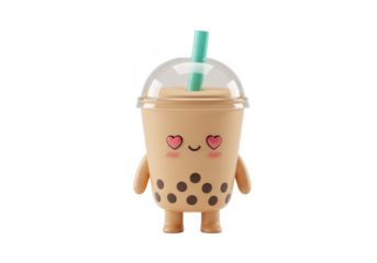 Adorable cartoon boba tea cup with a straw, smiling face, and heart eyes.
