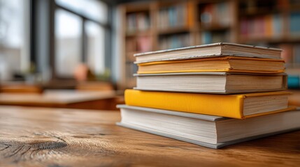 Stack of books on wooden table in library, reading and study scene, knowledge and culture atmosphere