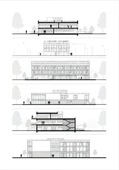 Architectural drawings showcasing building sections and elevations with trees and people