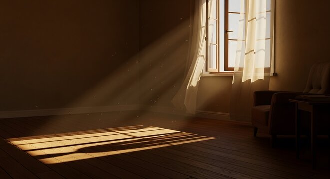 Sunlit Interior: Gentle sunlight streams through a window, casting a warm, ethereal glow across a room, the airy curtains and subtle details creating a serene and inviting atmosphere.