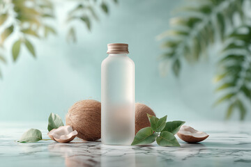 A minimalistic product showcase of coconut water in a transparent glass bottle, frosty exterior, surrounded by cracked coconuts and green leaves. 