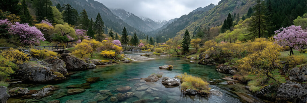 A breathtaking spring valley, vivid emerald lakes cradled by flowering alpine meadows, layers of pine and cherry blossom trees.  - Powered by Adobe