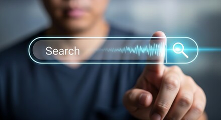 A person touching a digital search bar with the word search and a magnifying glass icon on a screen