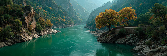A tranquil river canyon during autumn, crimson and amber trees dotting steep hillsides, sunlight piercing through clouds to reflect off emerald water. 