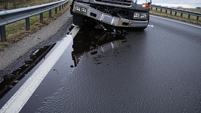 Truck spills oil on highway causing hazardous road conditions near city