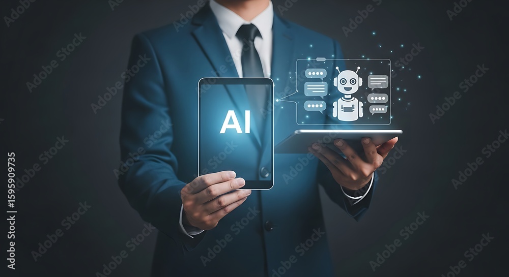 Poster a man in a suit holding tablets displaying ai and a robot chatbot with speech bubbles on a dark back