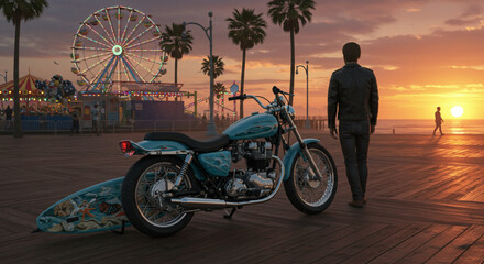 Motorcycle and Surfboard on Beach at Sunset A Leisurely Coastal Scene © Dahab