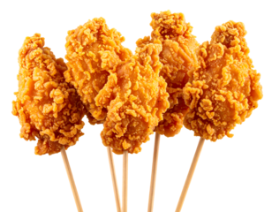 Crispy fried chicken pieces on wooden skewers, isolated on transparent background. Golden-brown, delicious-looking snack.