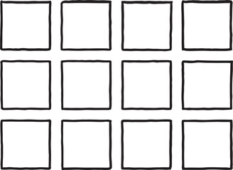 Twelve Hand Drawn Black Squares on White Background