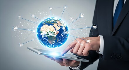 Businessman using tablet with earth globe and network connections in a modern design concept