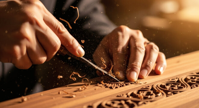 Close-up of Japanese Craftsman Carving Wood in Afternoon Light