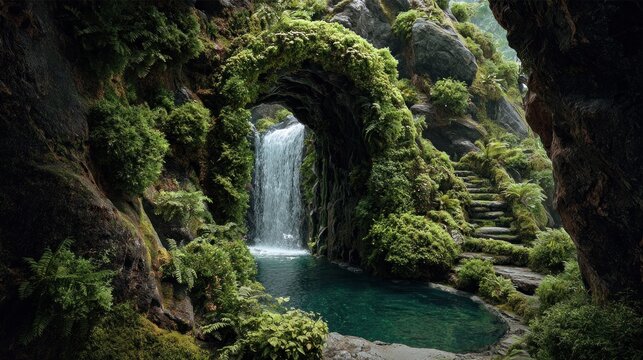 Lush waterfall scene in a mossy grotto