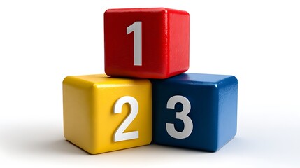 Colorful Stacking Blocks Featuring Numbers One, Two, and Three on a White Surface