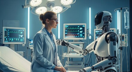 A female doctor in a lab coat interacts with a humanoid robot in a futuristic operating room filled with advanced medical equipment and glowing monitors