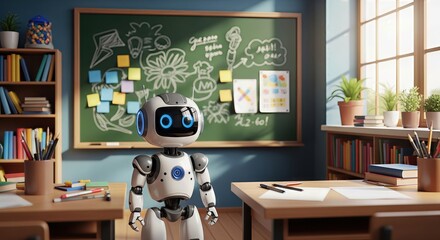 A friendly robot stands in a bright, sunlit classroom, facing a chalkboard covered in drawings and notes, symbolizing the future of education and technology