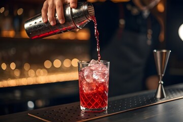 Bartender expertly crafts a vibrant red cocktail pouring it from a shaker into a glass filled with ice