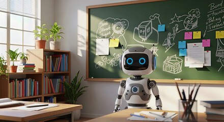 A friendly robot stands in a classroom setting, facing a chalkboard filled with drawings and notes, symbolizing the integration of artificial intelligence in education and learning