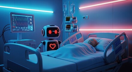 A futuristic robot attends to a patient in a hightech hospital room, with medical monitors displaying vital signs under neon blue and pink lighting