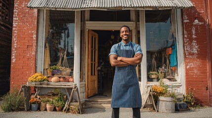 Man in apron outside shop