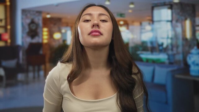Woman punching with clenched fist inside a brightly lit luxury hotel building lobby; confidence empowerment.