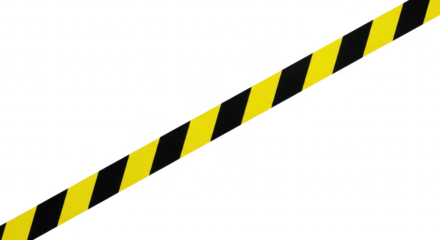Diagonal black and yellow striped caution tape against a white background.