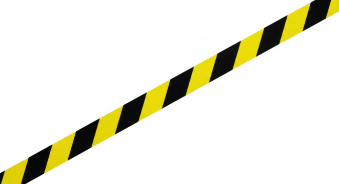 Diagonal black and yellow striped caution tape against a white background.