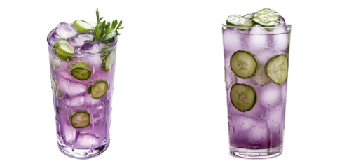 Fruit soda drinks in purple and pink hues isolated on transparent PNG image perfect for refreshing beverage branding or party designs