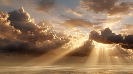 Sunbeams breaking through dramatic clouds over calm water at sunset Rays of light